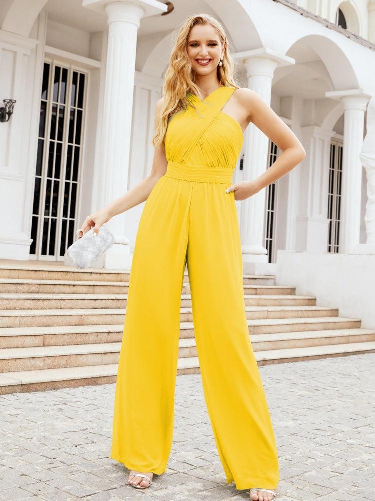 Numbersea Crisscross Neck Jumpsuit Formal Evening Dress Long Bridesmaid Dresses Bell-bottomed Pants 28033