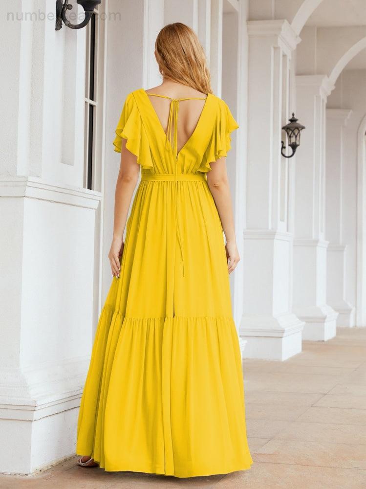 Numbersea Women's Open Back Formal Evening Party Prom Gowns V-Neck Long Chiffon Bridesmaid Dresses with Waist Belt 28038