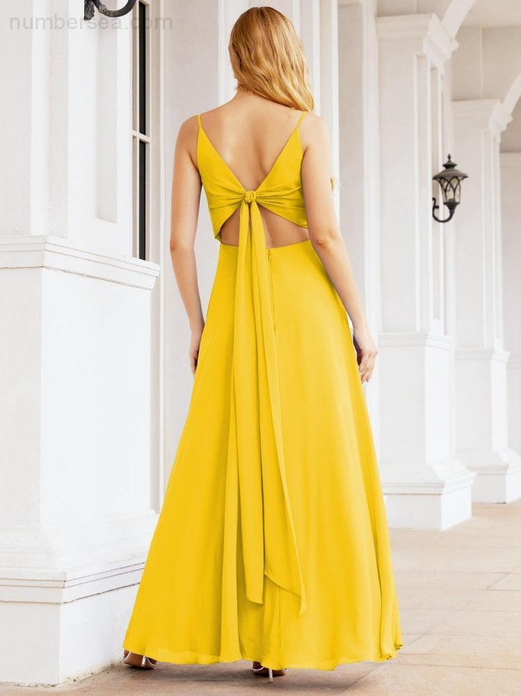 Numbersea Spaghetti Strap Bridesmaid Dresses V Neck Butterfly Back Fromal Evening Party Prom Gown 28036