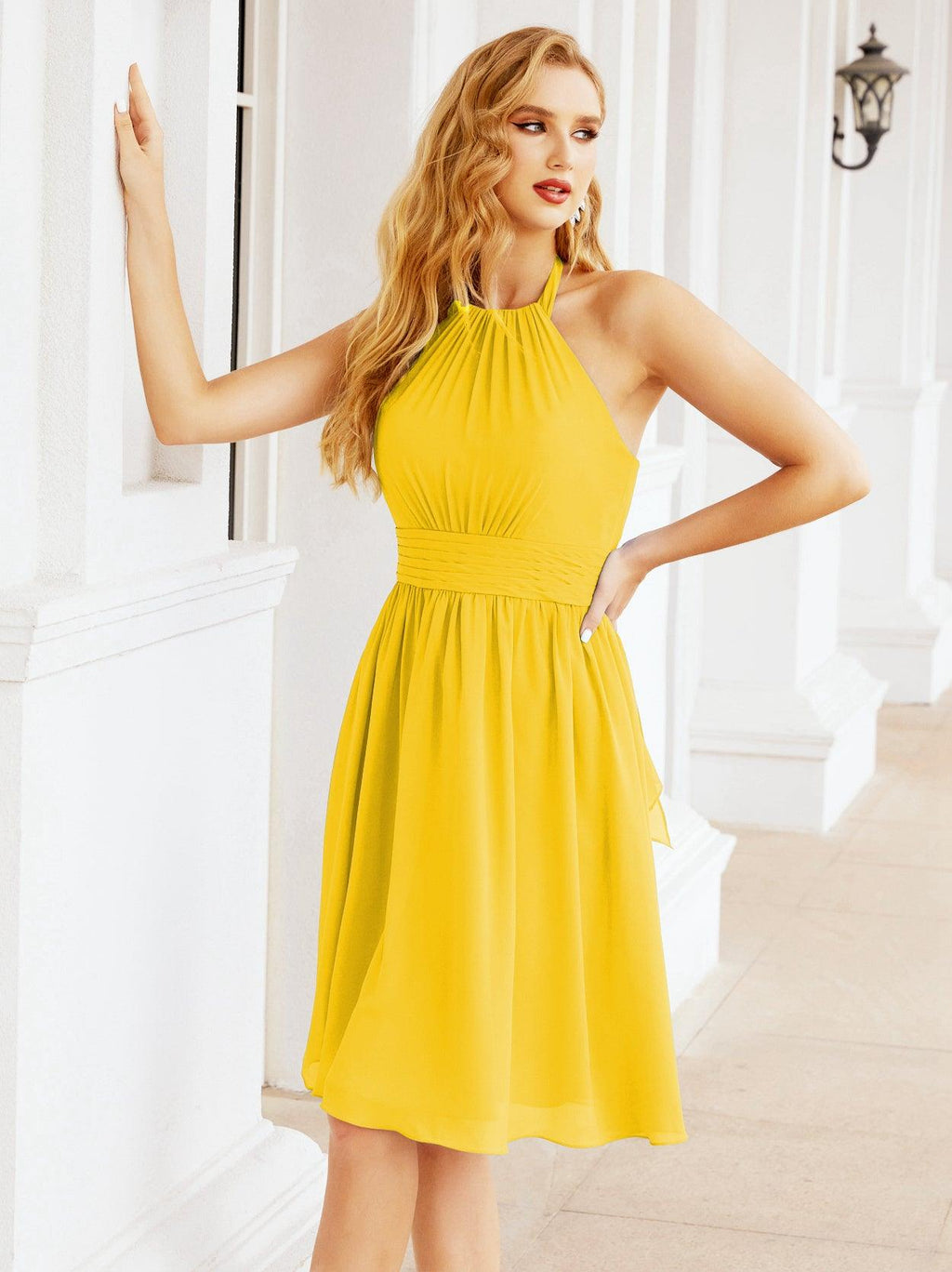 Baoleely Halter Chiffon Bridesmaid Dresses Short Sleeveless Formal Party Dress Open Back 28023