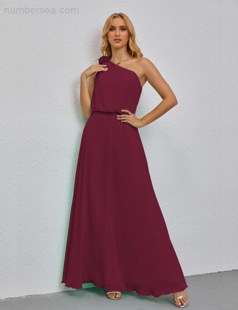 Ruffled One Shoulder Sleeveless Long Bridesmaid Dresses A-line Formal Evening Gown Side Split 28080
