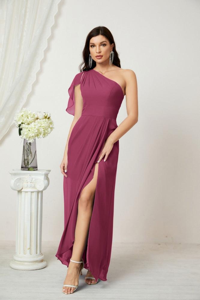 Numbersea  Chiffon Ruffled One Shoulder Long Bridesmaid Dresses A-line Formal Evening Gown Side Split 2809
