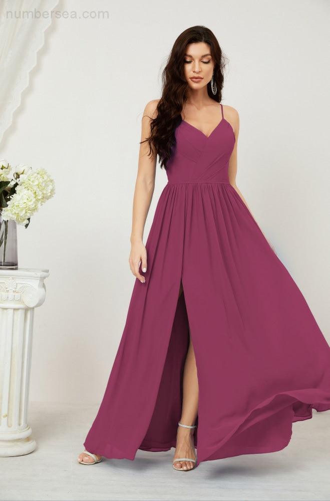 Baoleely  Neck Bridesmaid Dresses Chiffon Long Spaghetti A-line Formal Prom Gown for Wedding Party Evening 2801