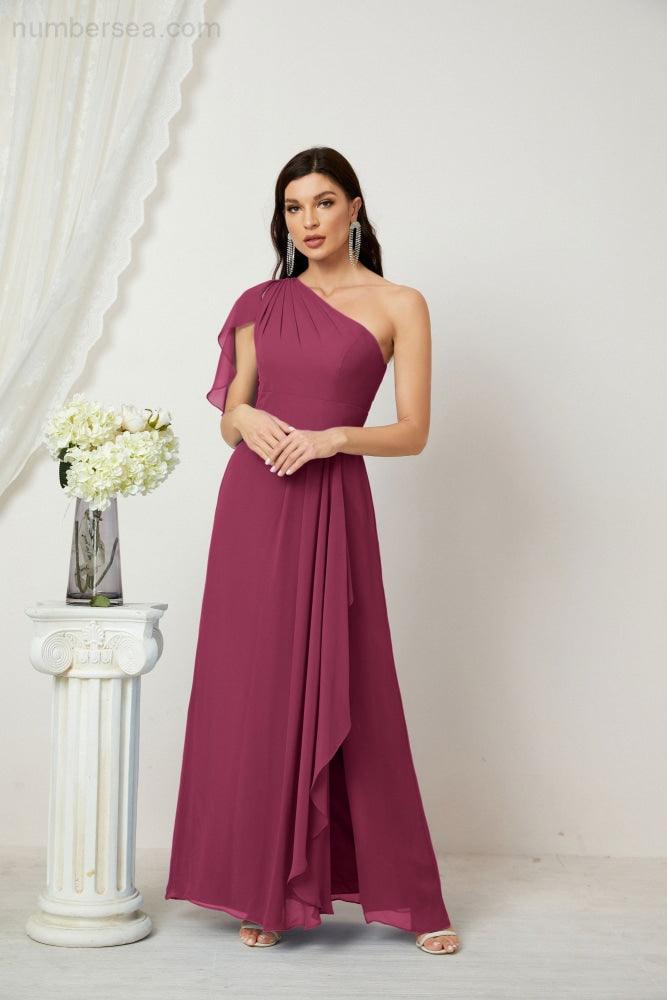 Numbersea  Chiffon Ruffled One Shoulder Long Bridesmaid Dresses A-line Formal Evening Gown Side Split 2809