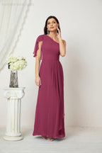 Numbersea  Chiffon Ruffled One Shoulder Long Bridesmaid Dresses A-line Formal Evening Gown Side Split 2809