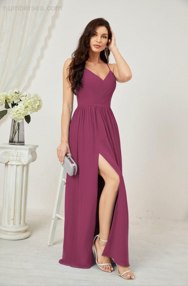 Baoleely  Neck Bridesmaid Dresses Chiffon Long Spaghetti A-line Formal Prom Gown for Wedding Party Evening 2801