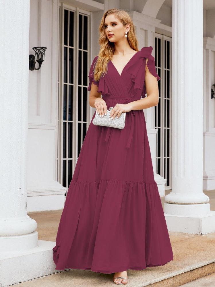 Numbersea Women's Open Back Formal Evening Party Prom Gowns V-Neck Long Chiffon Bridesmaid Dresses with Waist Belt 28038