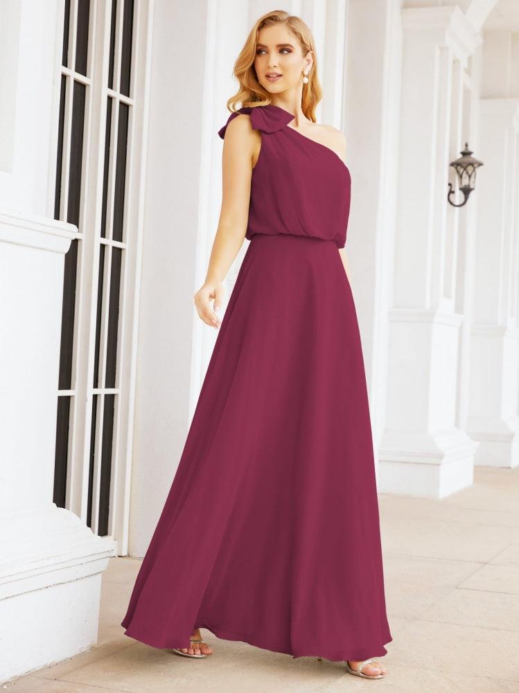 Numbersea Chiffon Ruffled One Shoulder Sleeveless Long Bride Dresses A-line Formal Evening Gown Side Split 28057