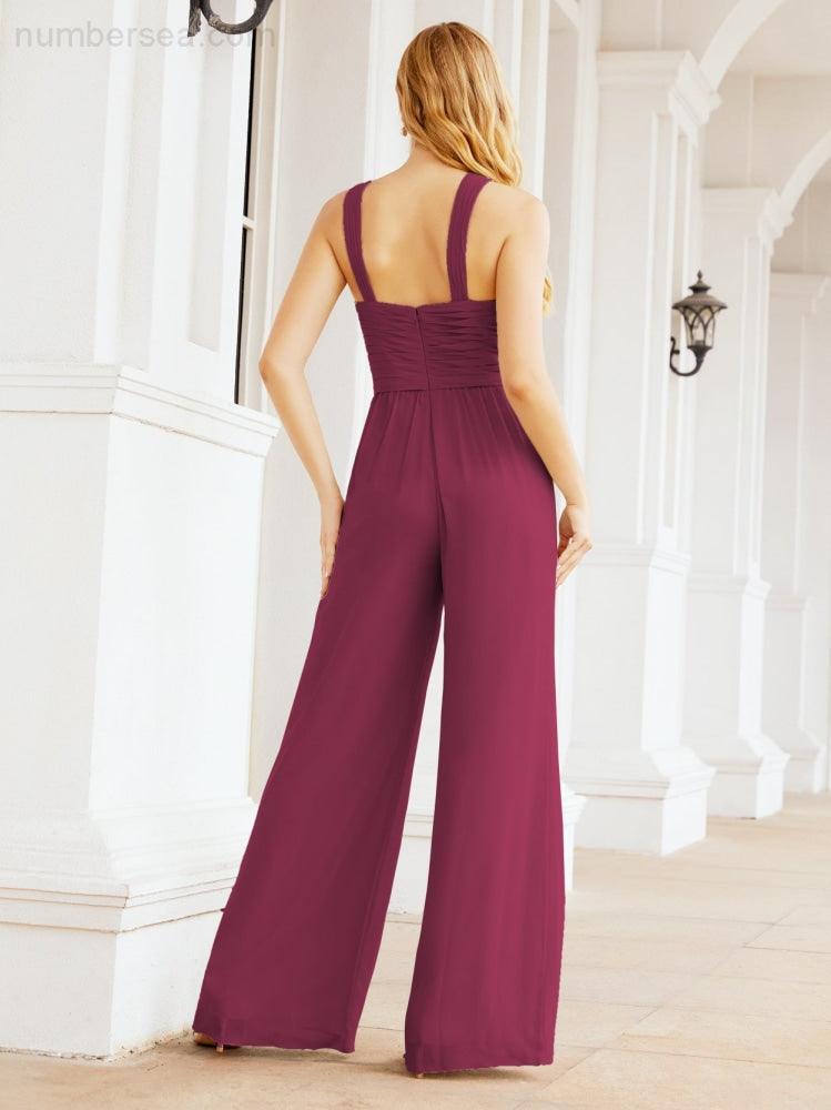 Numbersea Crisscross Neck Jumpsuit Formal Evening Dress Long Bridesmaid Dresses Bell-bottomed Pants 28033