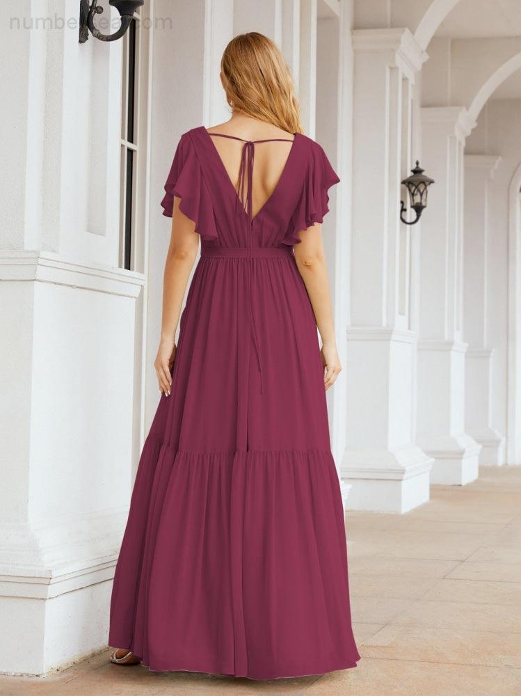 Numbersea Women's Open Back Formal Evening Party Prom Gowns V-Neck Long Chiffon Bridesmaid Dresses with Waist Belt 28038
