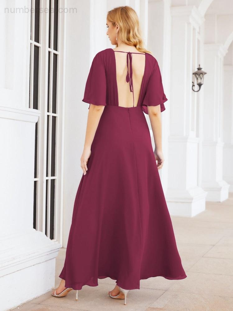 Numbersea V-Neck Bridesmaid Dress Chiffon Long Open Back Formal Dresses for Women Party Evening 28067