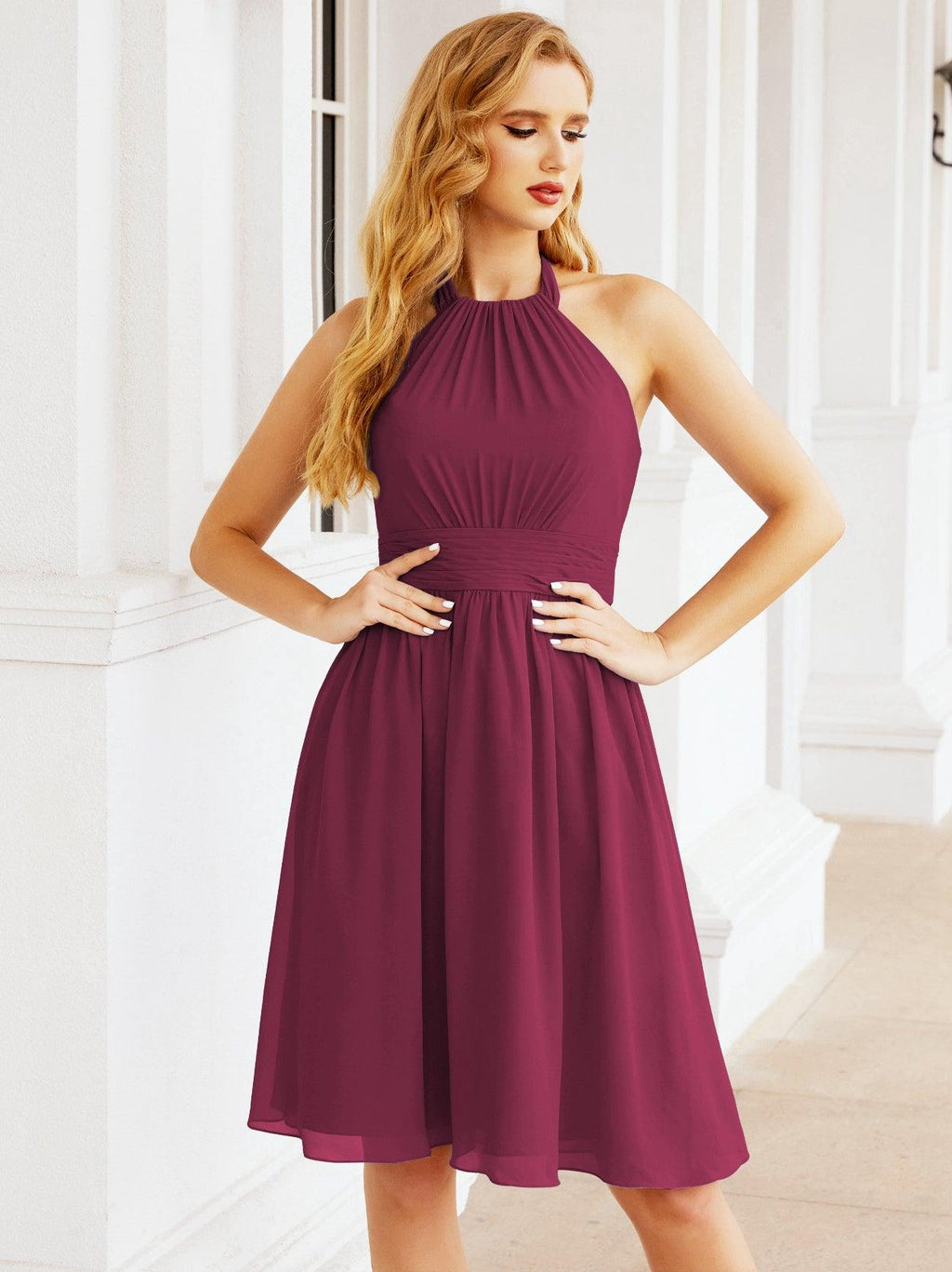 Baoleely Halter Chiffon Bridesmaid Dresses Short Sleeveless Formal Party Dress Open Back 28023
