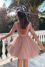 3/4 Sleeves Short Prom Dress Homecoming Dress with Open Back