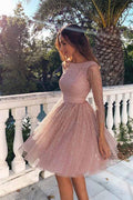 3/4 Sleeves Short Prom Dress Homecoming Dress with Open Back