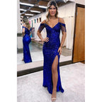 Royal Blue Off the Shoulder Sequins Sheath Prom Dress with Fringes