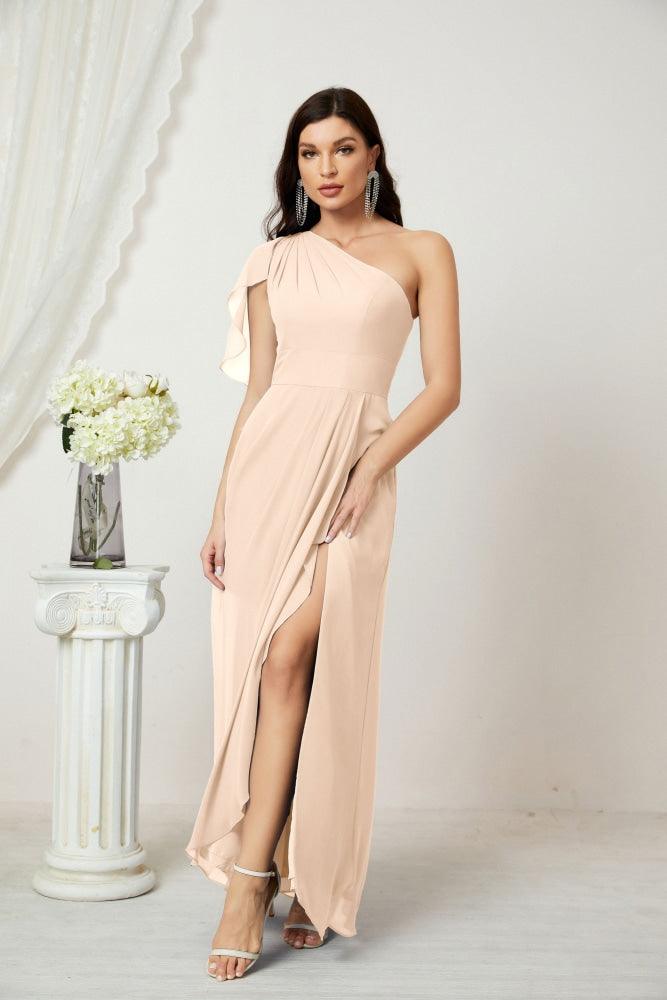 Numbersea  Chiffon Ruffled One Shoulder Long Bridesmaid Dresses A-line Formal Evening Gown Side Split 2809