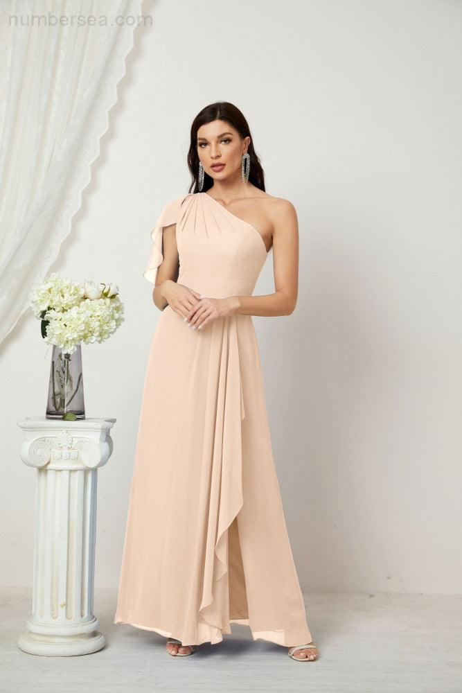 Numbersea  Chiffon Ruffled One Shoulder Long Bridesmaid Dresses A-line Formal Evening Gown Side Split 2809