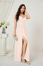 Baoleely  Neck Bridesmaid Dresses Chiffon Long Spaghetti A-line Formal Prom Gown for Wedding Party Evening 2801