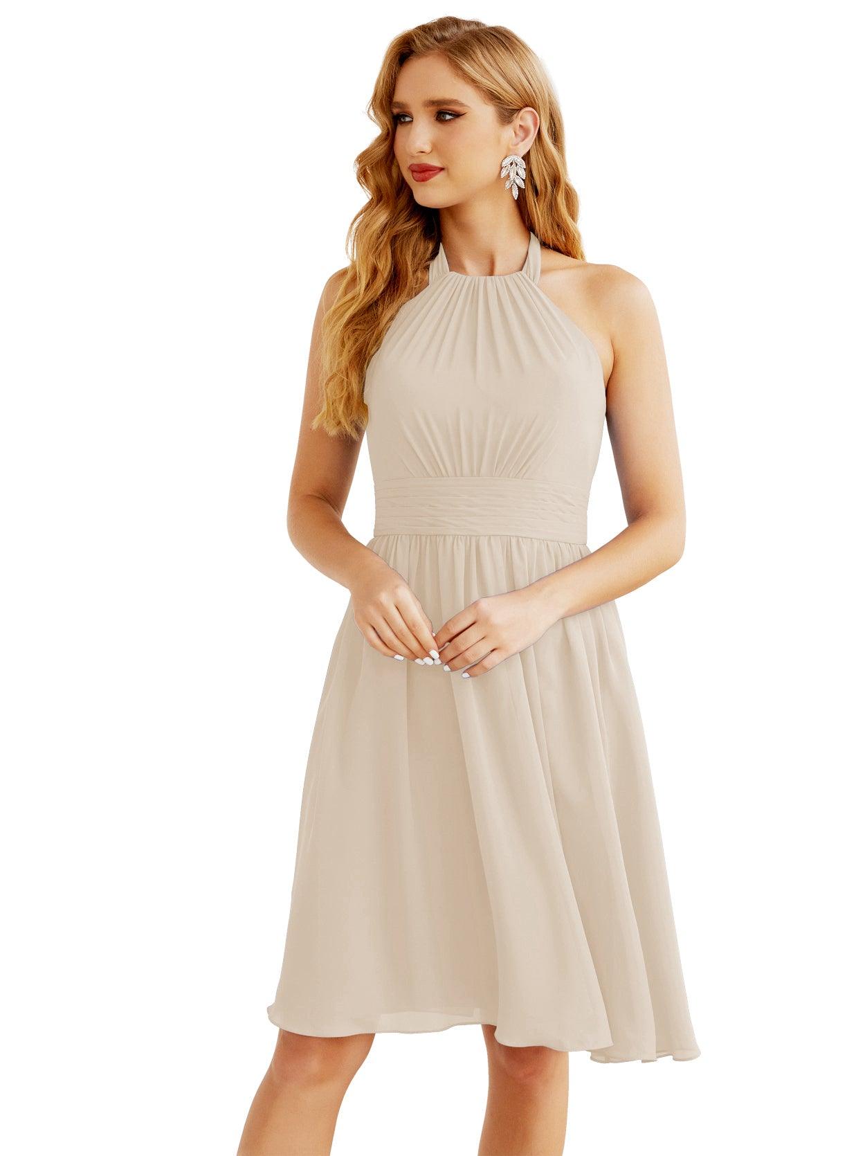 Baoleely Halter Chiffon Bridesmaid Dresses Short Sleeveless Formal Party Dress Open Back 28023