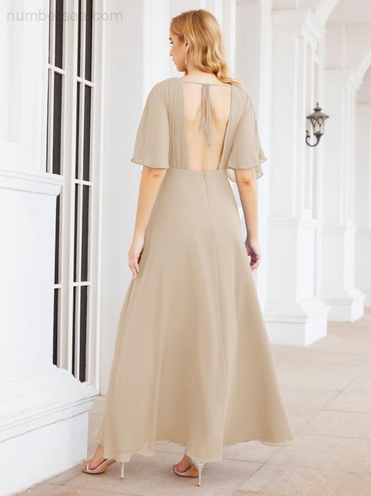Numbersea V-Neck Bridesmaid Dress Chiffon Long Open Back Formal Dresses for Women Party Evening 28067
