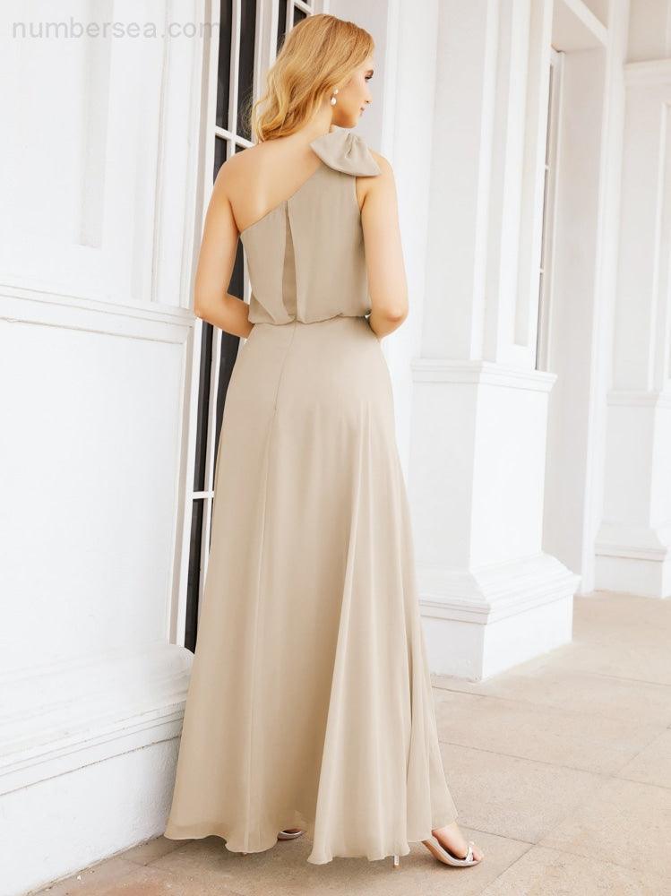Numbersea Chiffon Ruffled One Shoulder Sleeveless Long Bride Dresses A-line Formal Evening Gown Side Split 28057