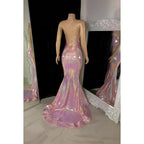 V-Neck Spaghetti Straps Sequined Sheath Long Prom Gown With Slit