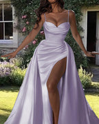 Mermaid Lilac Satin Spaghetti Strap Dress A-Line Princess Prom Dresses Ballgown