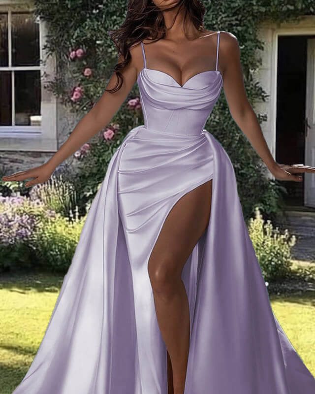 Mermaid Lilac Satin Spaghetti Strap Dress A-Line Princess Prom Dresses Ballgown