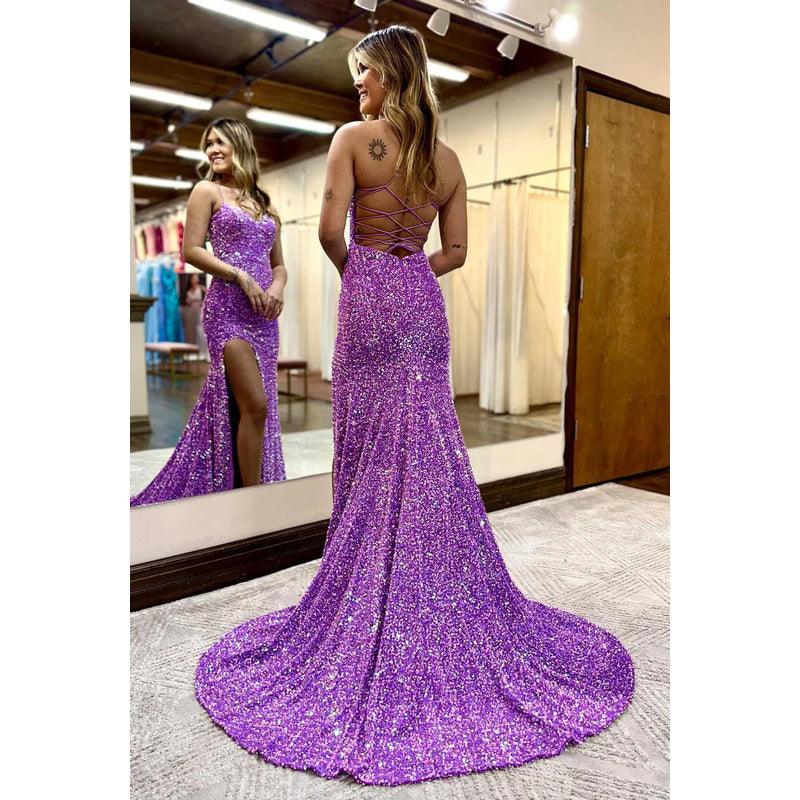 Sweetheart Spaghetti Straps Sequins Sheath Long Prom Evening Dress With Slit