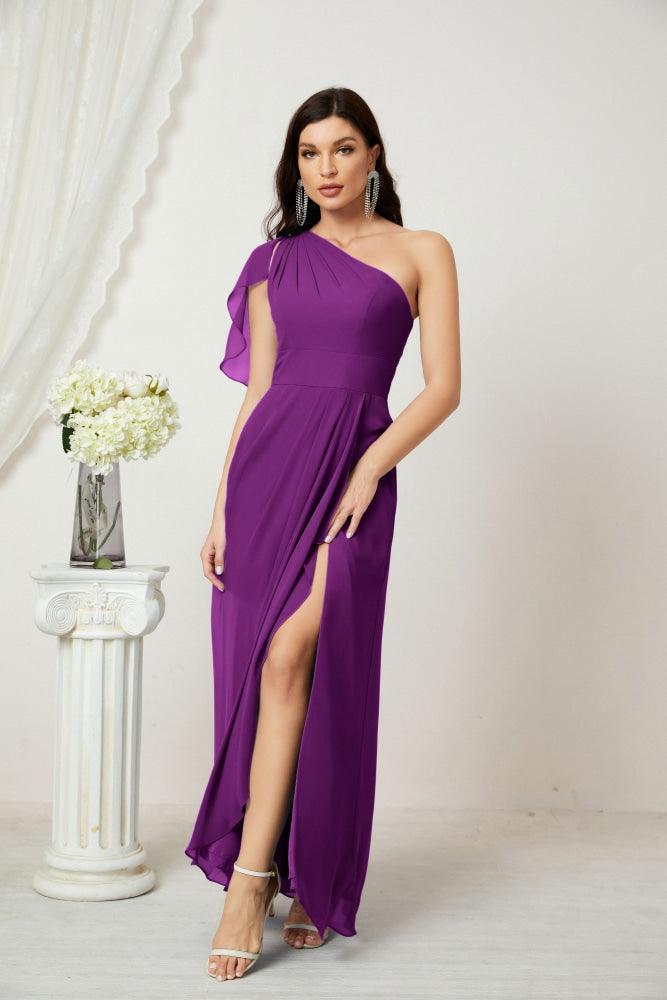 Numbersea  Chiffon Ruffled One Shoulder Long Bridesmaid Dresses A-line Formal Evening Gown Side Split 2809