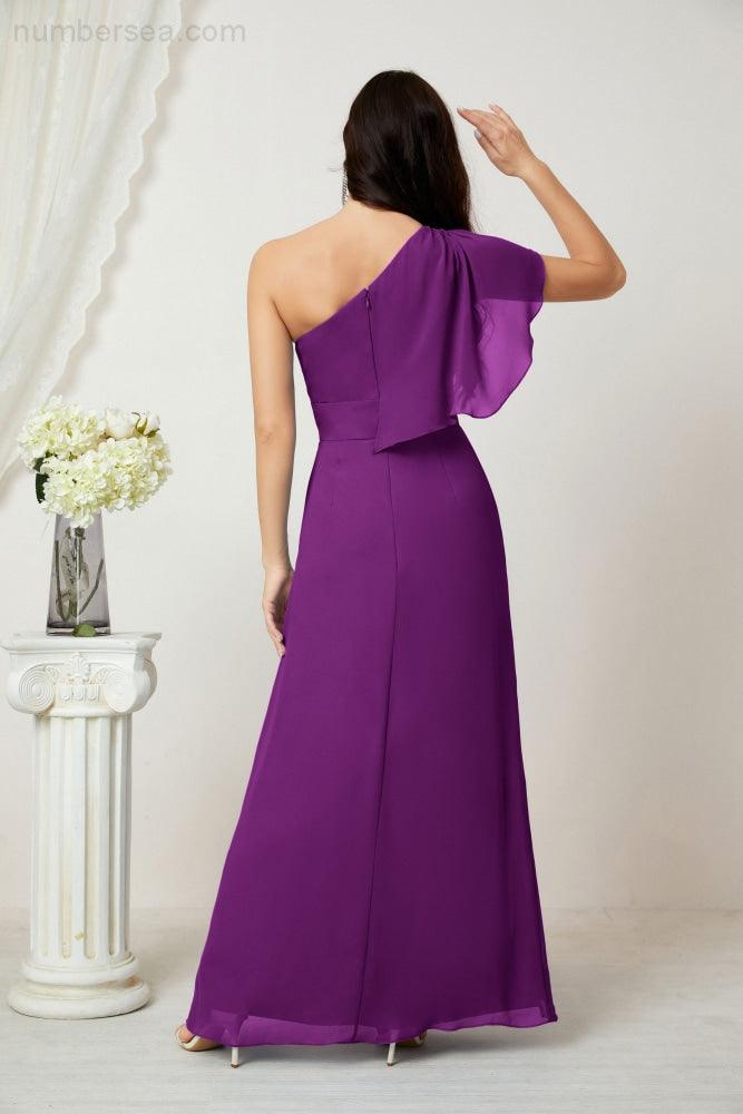 Numbersea  Chiffon Ruffled One Shoulder Long Bridesmaid Dresses A-line Formal Evening Gown Side Split 2809
