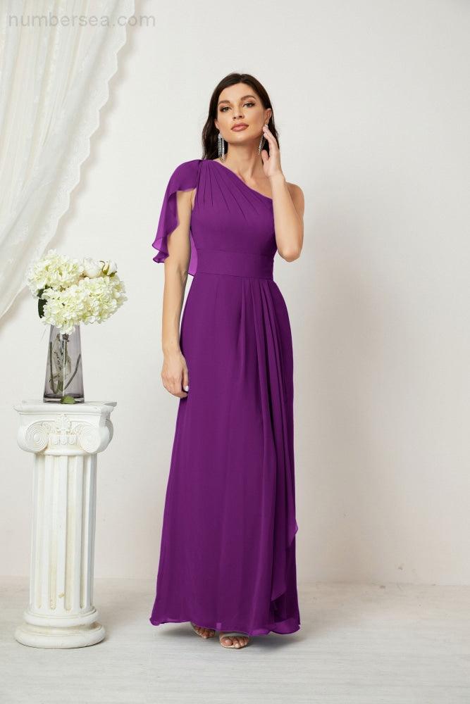 Numbersea  Chiffon Ruffled One Shoulder Long Bridesmaid Dresses A-line Formal Evening Gown Side Split 2809
