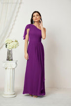 Numbersea  Chiffon Ruffled One Shoulder Long Bridesmaid Dresses A-line Formal Evening Gown Side Split 2809