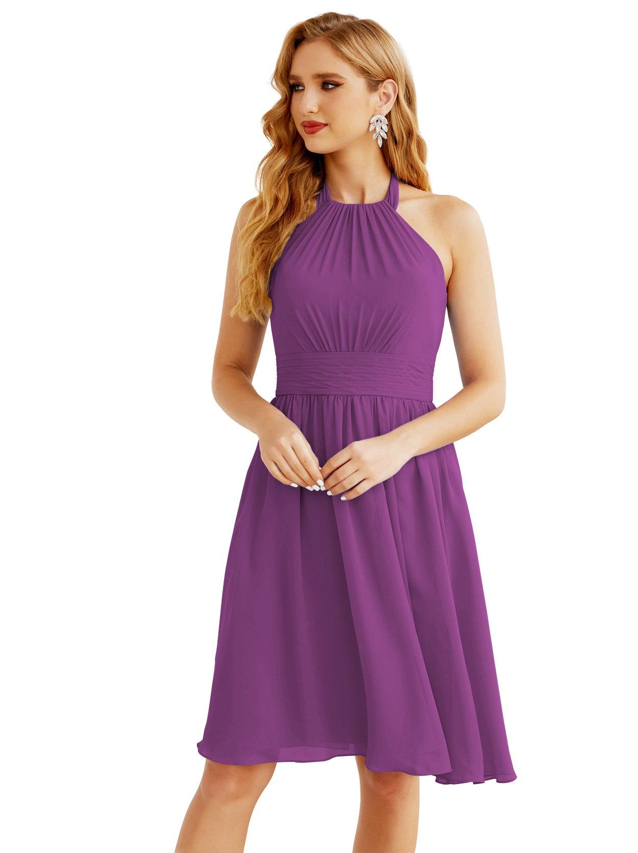 Baoleely Halter Chiffon Bridesmaid Dresses Short Sleeveless Formal Party Dress Open Back 28023