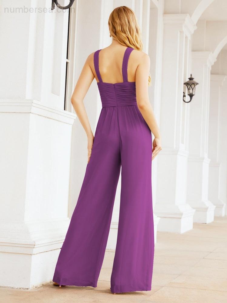 Numbersea Crisscross Neck Jumpsuit Formal Evening Dress Long Bridesmaid Dresses Bell-bottomed Pants 28033