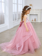 Princess Sleeveless Tulle Flower Girl Dress with Lace and Bow Pink (010224320)