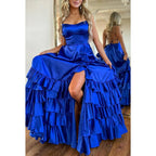 Spaghetti Straps A-line Tiered with Side Slit Train Party Prom Evening Dress