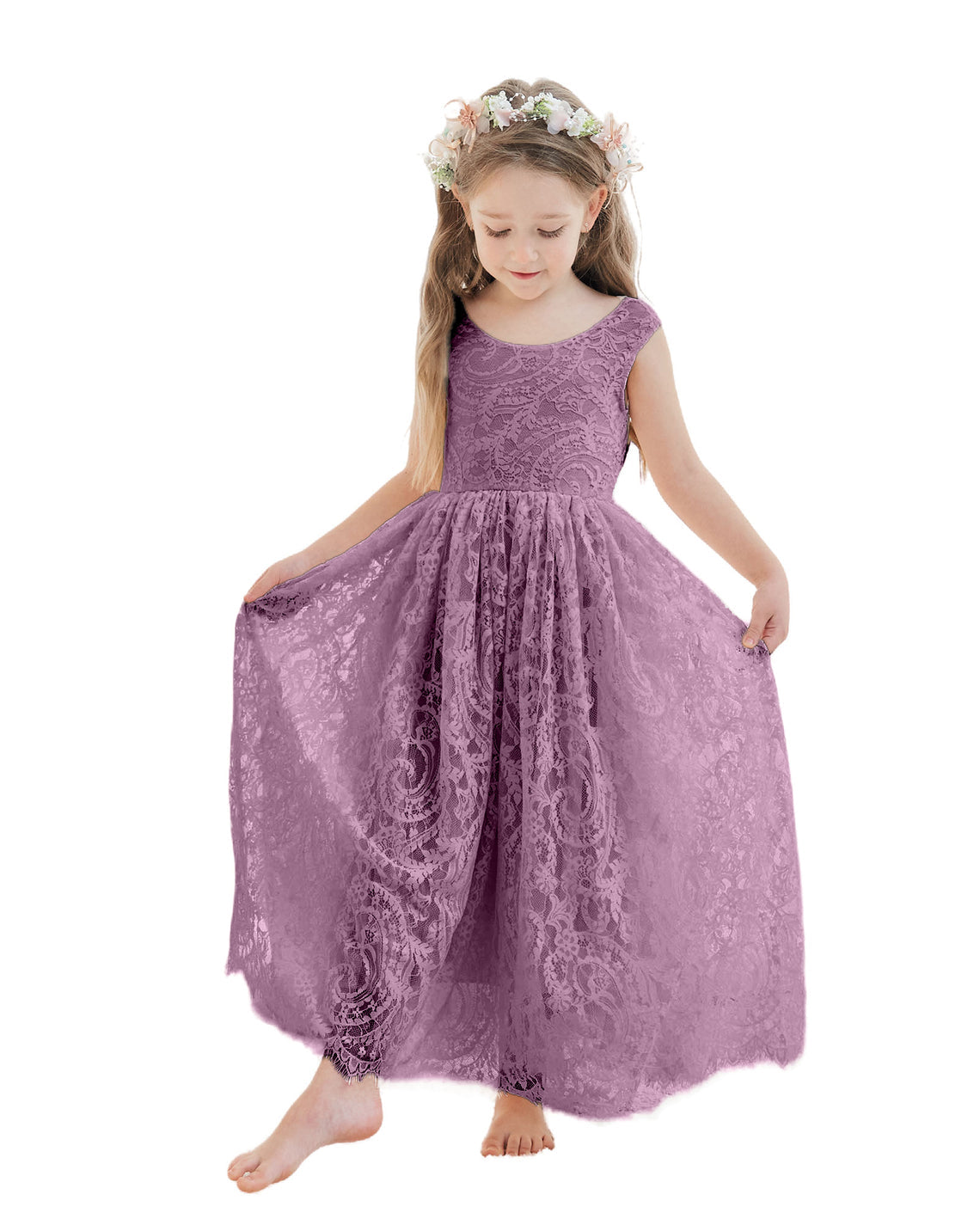 A-line Lace Ankle-length Ivory Boho Flower Girl Dress