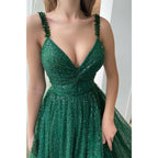 Women's Spaghetti Straps Sequins Green Sparkly Long Prom Dress with Pockets