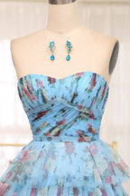 Charming A Line Off the Shoulder Blue Printed Long Prom Dress with Ruffles