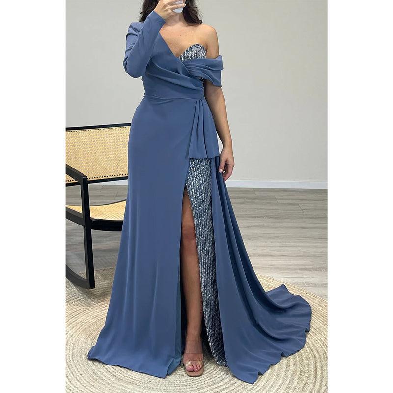 Sexy One Shoulder Beaded A-line Long Prom Dress Ecvening Gown Party Dress