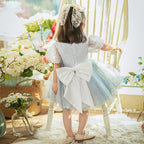 Baby Girl Dress Toddler Communion Summer Blue Round Neck Puff Sleeve Birthday Party Dress