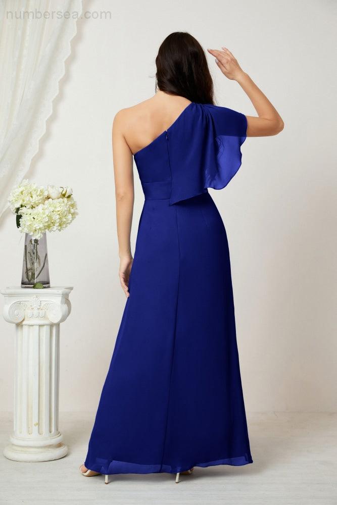 Numbersea  Chiffon Ruffled One Shoulder Long Bridesmaid Dresses A-line Formal Evening Gown Side Split 2809