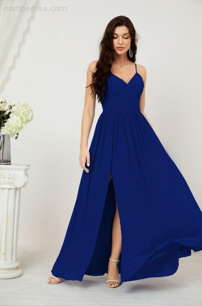 Baoleely  Neck Bridesmaid Dresses Chiffon Long Spaghetti A-line Formal Prom Gown for Wedding Party Evening 2801