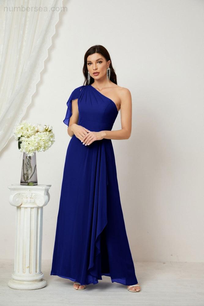 Numbersea  Chiffon Ruffled One Shoulder Long Bridesmaid Dresses A-line Formal Evening Gown Side Split 2809