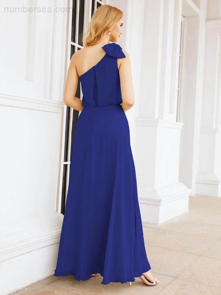 Numbersea Chiffon Ruffled One Shoulder Sleeveless Long Bride Dresses A-line Formal Evening Gown Side Split 28057