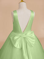 Classic White A-line Sleeveless Satin and Tulle Flower Girl Dress