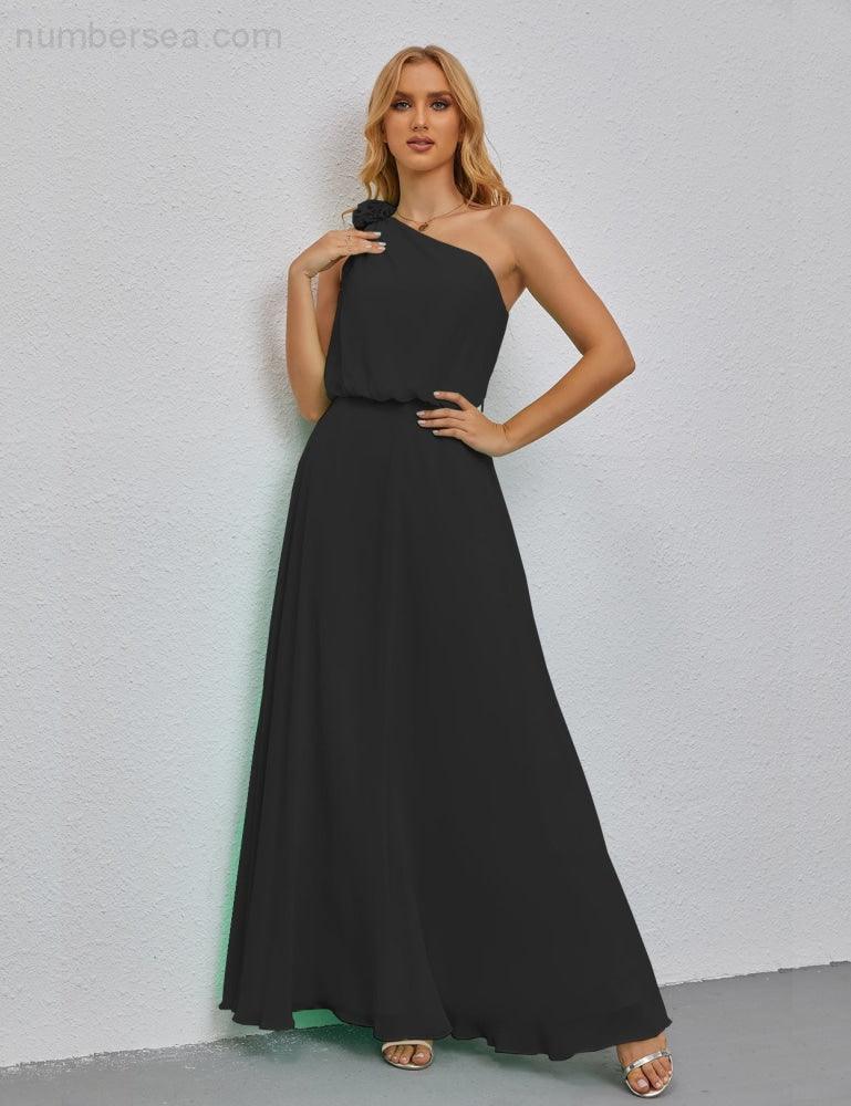 Ruffled One Shoulder Sleeveless Long Bridesmaid Dresses A-line Formal Evening Gown Side Split 28080