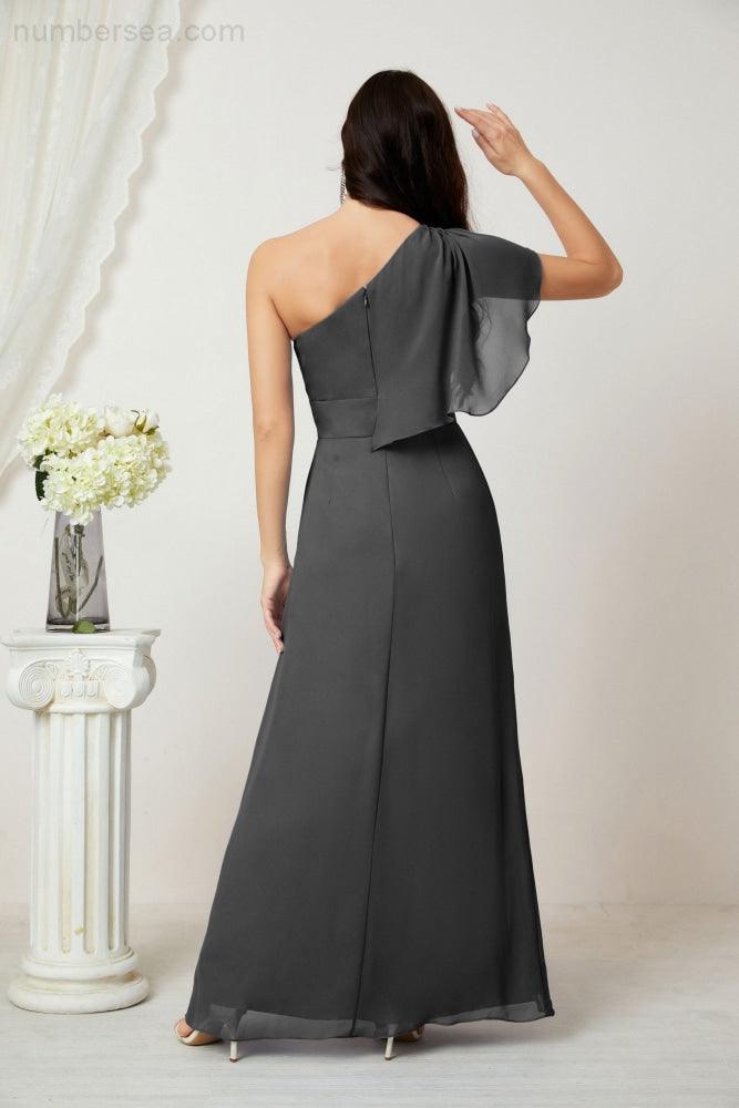 Numbersea  Chiffon Ruffled One Shoulder Long Bridesmaid Dresses A-line Formal Evening Gown Side Split 2809