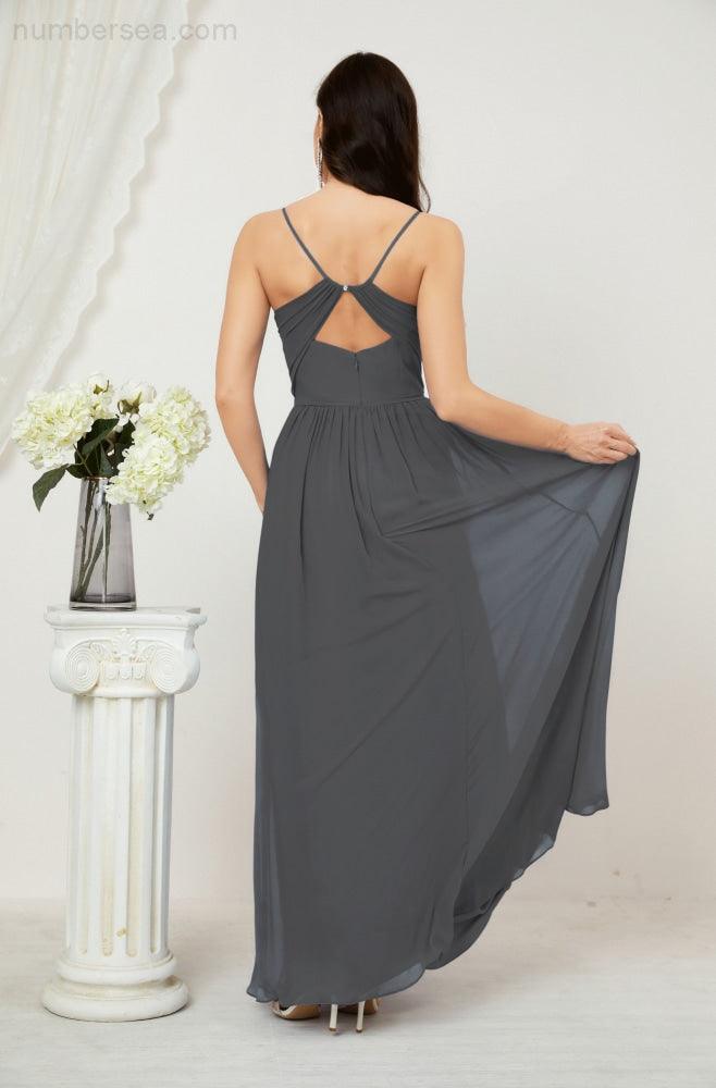 Baoleely  Neck Bridesmaid Dresses Chiffon Long Spaghetti A-line Formal Prom Gown for Wedding Party Evening 2801